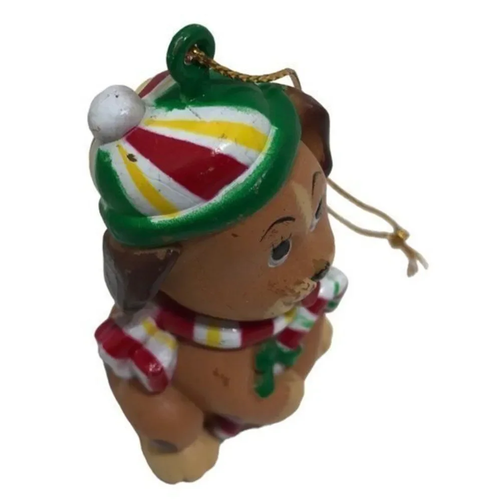 WA Puppy Dog Christmas Cuties ornament 1985‎ Vintage Hong Kong Candy Cane brown